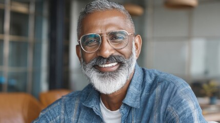 A happy older man with a distinguished beard sits in a stylish cafe. He wears glasses and denim attire while enjoying a bright sunny day. The atmosphere feels positive and relaxed.