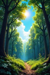 Obraz premium Serene forest scene with a vibrant blue sky overhead, sunlit canopy, dappled light filtering through leaves, tranquil nature landscape, peaceful woodland , atmosphere, spring, greenery