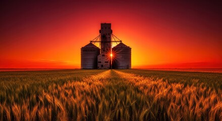 Fototapeta premium Golden Sunset Over Wheat Field and Grain Silos