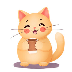 Adorable Cartoon Cat Joyfully Holds a Warm Coffee Cup, Isolated on White for Charming Morning and Cozy Beverage Designs