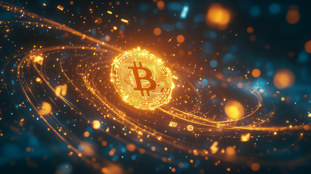 Digital Bitcoin Flow: Glowing Cryptocurrency Coin Suspended in Dynamic Financial Space
