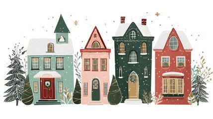 Cute cartoon houses in winter. Flat illustration on a white background. Hand drawn watercolor illustration of houses in the city. Christmas card