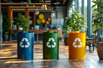 Colorful recycling bins for waste sorting in a modern office environment