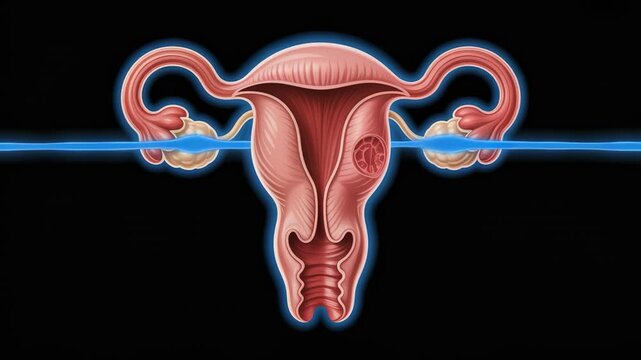 Anatomical Illustration of the Female Reproductive System in artistic style, on a black background showcasing unique internal structure.