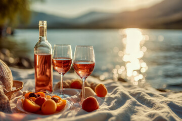 Two glasses of ros? wine and fresh apricots on a blanket by a sunlit lakeside during golden hour summer relaxation outdoors