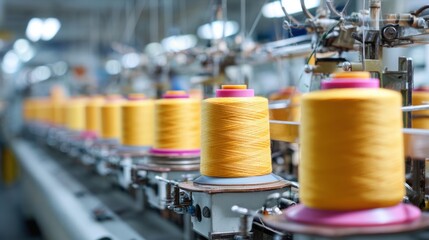 Spools of bright yellow thread are arranged neatly on machines in a busy textile factory. Workers are focused on their tasks creating fabrics in a lively environment.