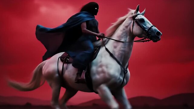 Epic Headless Horseman Riding a Powerful White Horse Under a Red Sky