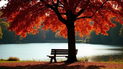 Red maple tree with bench by lake in autumn light  