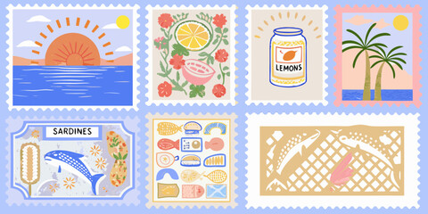 Collection of six whimsical illustrated postage stamps featuring coastal themes and food items