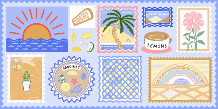 Collection of whimsical hand drawn postage stamps featuring summer vacation themes and tropical motifs