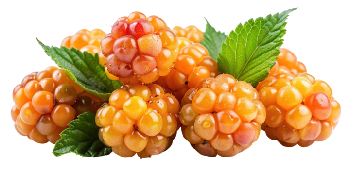 A cluster of ripe orange cloudberries with green leaves isolated on transparent background