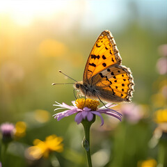 Obraz premium photorealistic macro of an orange-spotted butterfly perched on a white daisy, set against a sunny field with golden bokeh