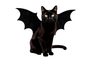 A black cat with flying mice on its back for Halloween is isolated on a transparent background.