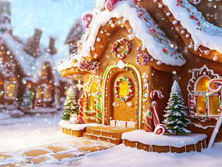 Naklejka premium Charming Gingerbread House in Snowy Winter Scene