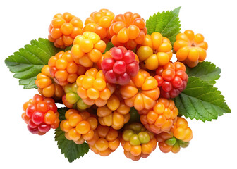 A vibrant cluster of ripe cloudberries and a few unripe green ones with fresh leaves isolated on transparent background