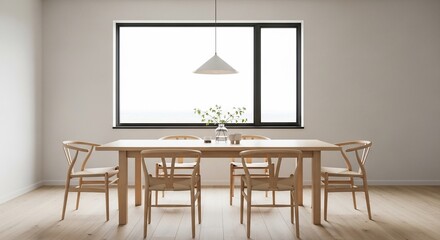 Bright dining room with wooden table and chairs near window.