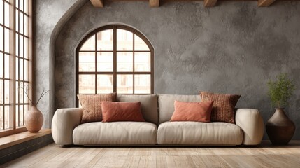 Fototapeta premium A bright living room features a light-colored sofa adorned with decorative pillows.