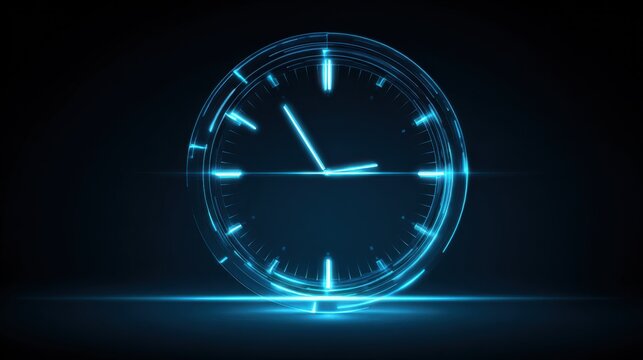 A bright blue digital clock shows the time on a dark background highlighting a futuristic design. The glowing elements create an engaging visual effect.