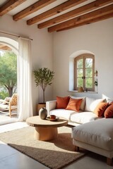 Fototapeta premium Sunlit Mediterranean Living Room Whitewashed Walls, Exposed Beams, and Terracotta Accents Create a Serene and Inviting Atmosphere. Perfect for Relaxation and Home Decor Inspiration.