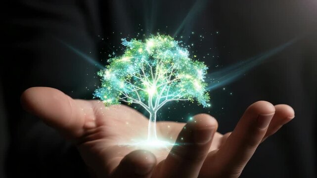 A glowing tree held in a hand, symbolizing growth, nature, and the potential for a sustainable future, radiating hope and environmental consciousness