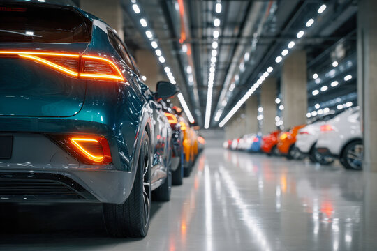 Modern electric vehicles parked in an underground car dealership