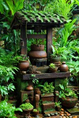 A captivating miniature garden, featuring a mossy wooden structure with terracotta pots and flowing water, evokes a tranquil and lush atmosphere.
