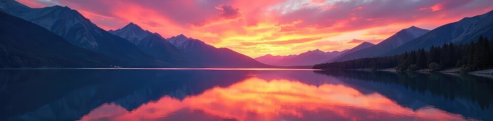 Fototapeta premium Serene mountain lake reflecting a vibrant sunset sky, creating a breathtaking natural landscape Perfect for travel, nature, and environmental projects , landscape, background, autumn