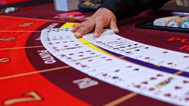 Close-up view of a casino dealer&rsquo;s hand holding a deck of playing cards on a baccarat table.