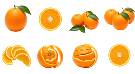 Whole oranges sliced oranges peeled oranges citrus fruit isolated on a transparent background