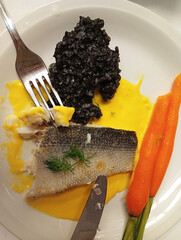 plate of grilled fish with vegetables and black rice