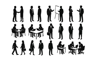 Silhouette business people set engaged in office activities and professional interactions