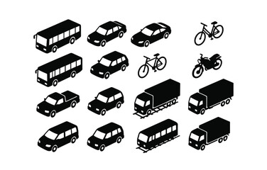 Isometric transport icons: cars, bicycles, buses, and trucks in black silhouette