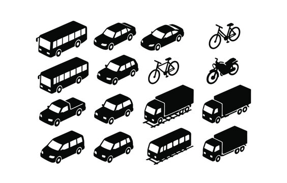 Isometric transport icons: cars, bicycles, buses, and trucks in black silhouette