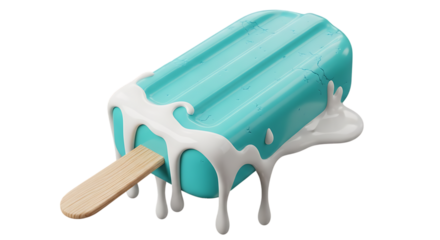 Teal popsicle melting white cream isolated on a transparent background