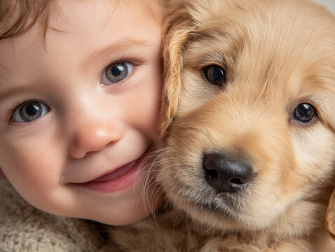 Adorable young child and golden retriever puppy sharing a close affectionate moment with joyful expressions and soft fur textures in intimate portrait setting