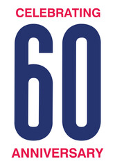 60 Years Anniversary Banner Design – Modern Letter Logo of 60 with Red Ribbon on Blue Background, Celebration Badge, Birthday Template, Poster & Greeting Card