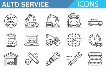 Auto Care Icons — Line Pack for Maintenance, Alignment, Tow Truck, Carwash, Toolbox