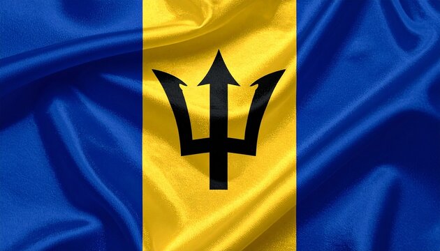 Barbados flag with blue and gold vertical bands, black trident symbolizing independence and break from colonial past.