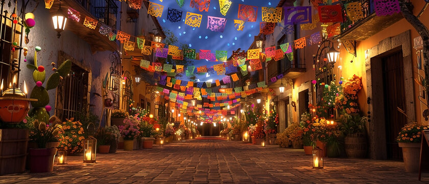 Charming illuminated street adorned with vibrant decorations and lively atmosphere