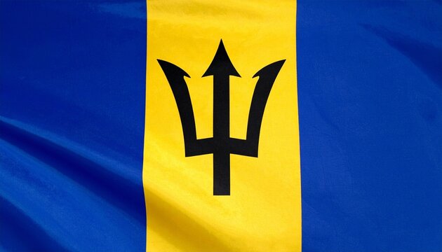 Barbados flag with blue and gold vertical bands, black trident symbolizing independence and break from colonial past. - Powered by Adobe