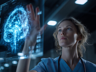 Medical Researcher Interacting with Digital Brain Projection