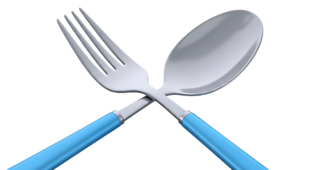Silver fork and spoon with blue handles isolated on a transparent background