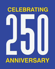 250 Years Anniversary Card Design – Independence Day USA Celebration with Confetti on Blue Background, 4th of July Sticker, Label, Tag & Badge