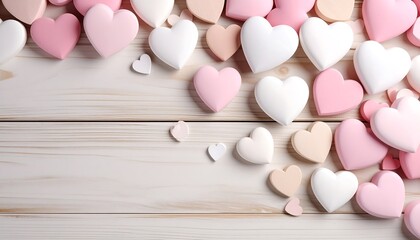 Heart-shaped decorations on light wood planks