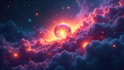 Close-up of a single, luminous orb floating amidst swirling nebulae, representing the boundless potential of spiritual imagination and inner vision , inner world, divine
