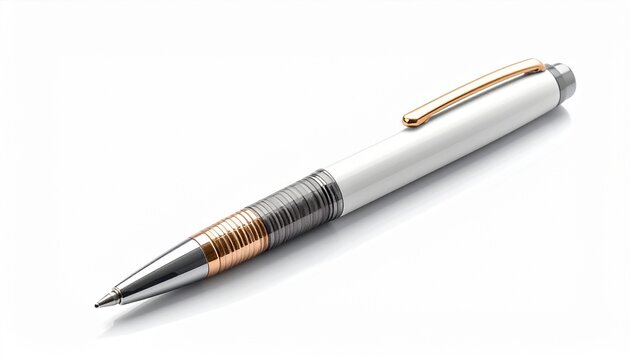 Elegant ballpoint pen with white barrel, metallic accents, and copper detailing for professional writing.