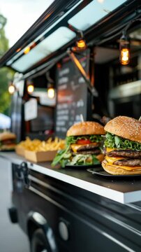 A food truck with a menu board and a variety of burgers and fries. There are two large burgers and two smaller burgers on the menu board
