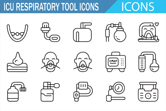 ICU Airway Management Icons — Clean Line Symbols of Intubation, Ambu Bag, Cannula, Oxygen and Nebulizer