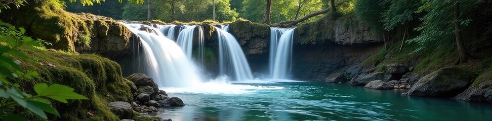 Fototapeta premium Serene waterfall cascading over mossy rocks, sunlight illuminating the crystalline water A breathtaking display of nature's artistry , stream, mossy rocks