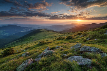 Scenic mountain vista at sunset with dynamic cloudscape over rolling hills